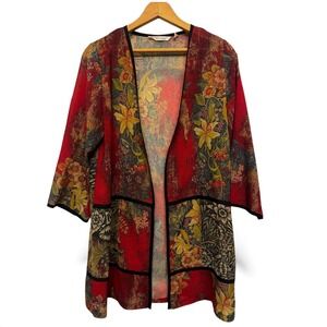 Soft‎ Surroundings Women's Red Floral Print Kimono Style Open Front Cardigan Top
